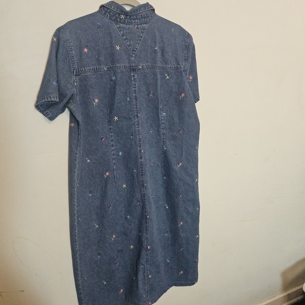 Vintage 90s Turquoise Blue Denim Floral Dress Large 100% Cotton Tshirt Dress - Picture 7 of 10